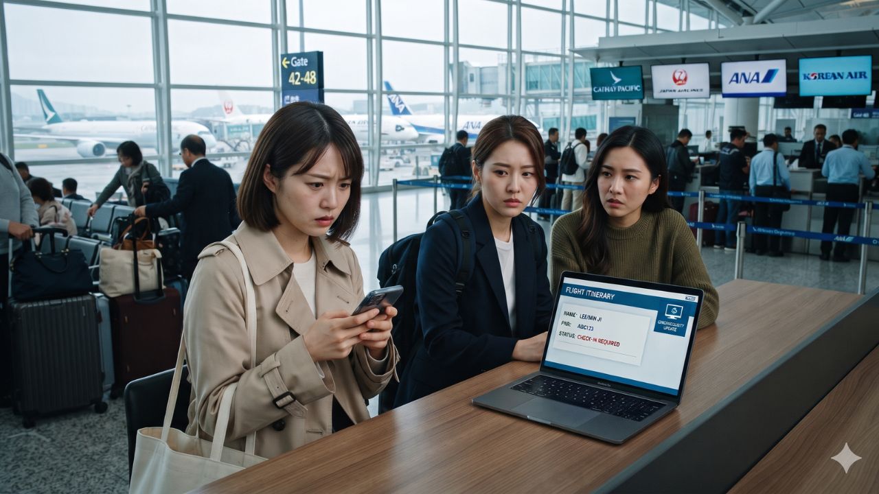 International airline passenger check-in screens displaying booking references and digital flight information