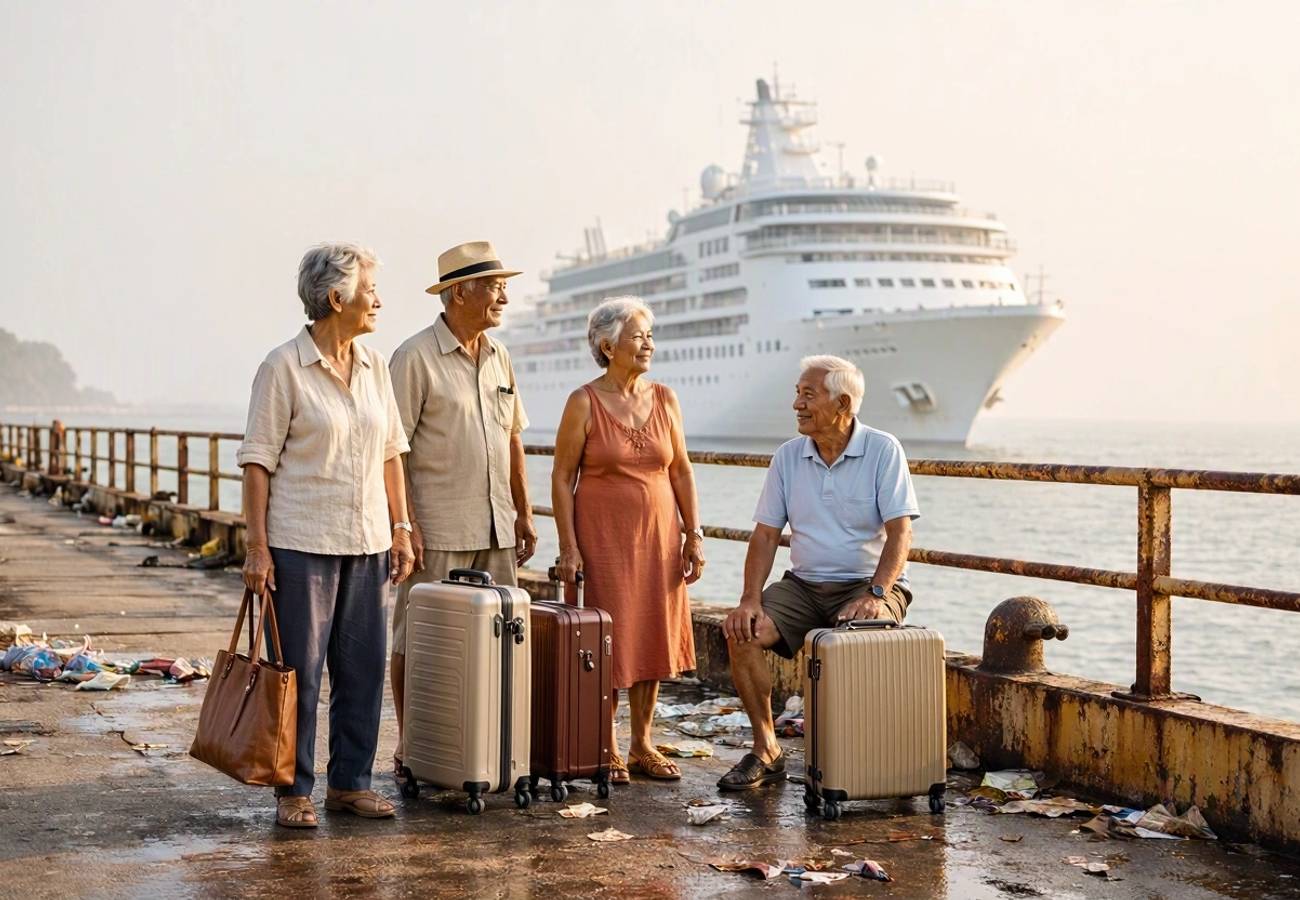 A residential cruise ship docked in a Cambodian port