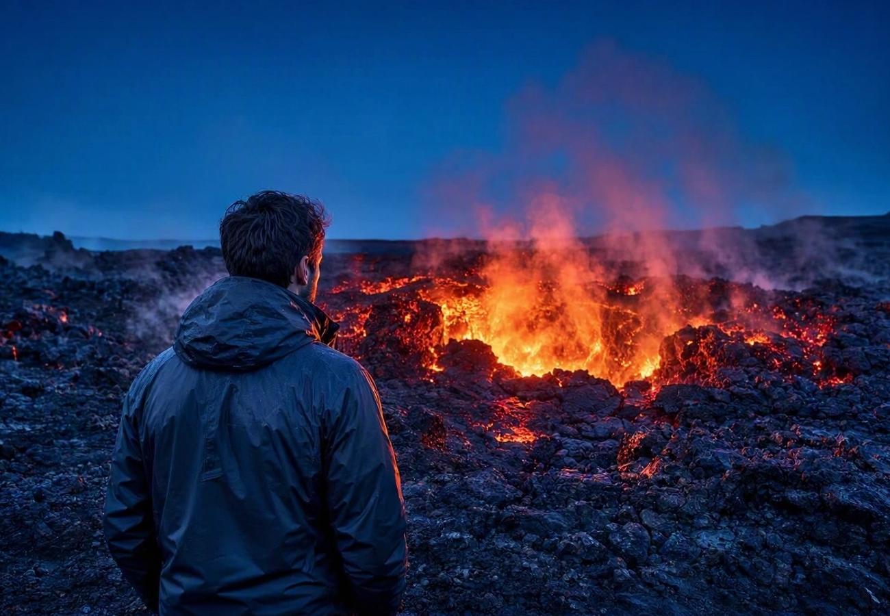 Aerial view of an active volcanic crater with smoke plumes