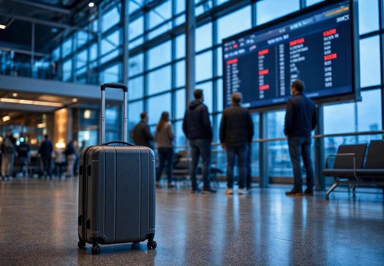 Airport departure board showing cancelled flights to multiple international destinations