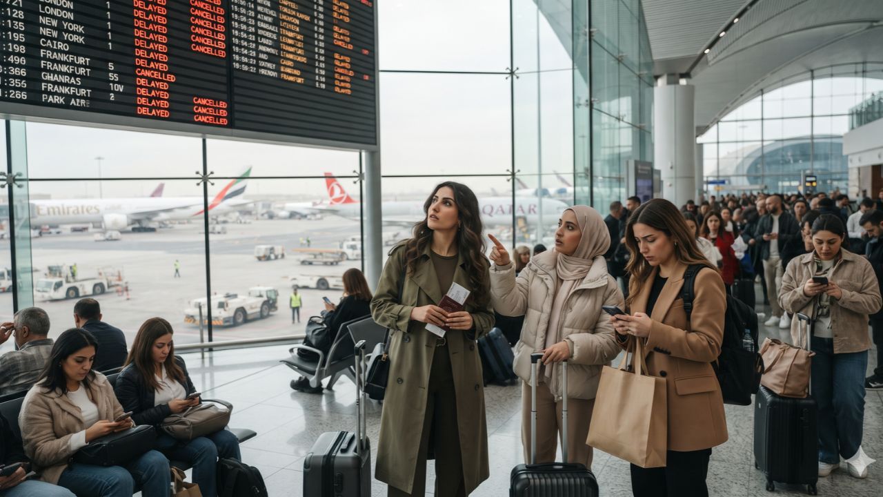 Modern airport terminal departures concourse in the Middle East with flight information boards displaying delays and cancellations
