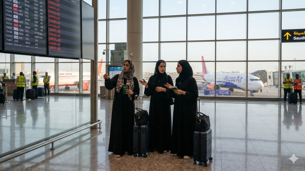 Commercial airliner on tarmac at King Khalid International Airport under security alert operations