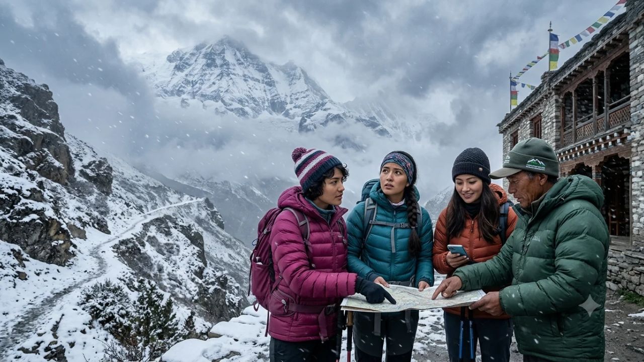 Dramatic snow-covered Himalayan mountain trail enveloped in winter storm clouds and blowing snow
