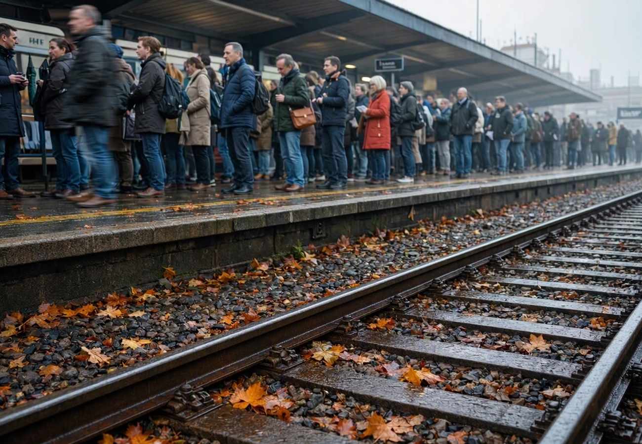 Train tracks covered in autumn leaves causing low adhesion