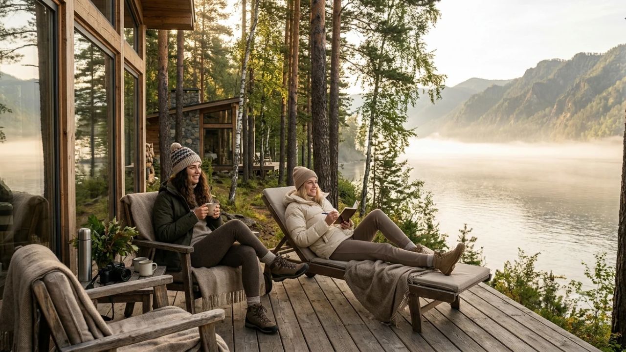 Modern wooden modular glamping lodge surrounded by Siberian pine forests along pristine lake waters in Russia