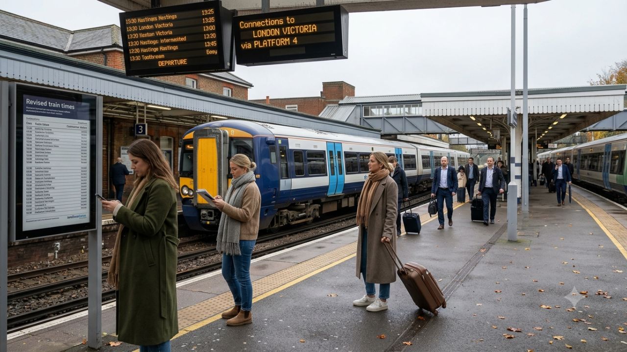 Southeastern passenger train halted at a platform station during railway disruption in Kent
