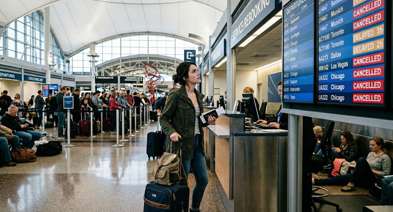Denver International Airport departure board showing multiple flight delays and cancellations on April 14, 2026