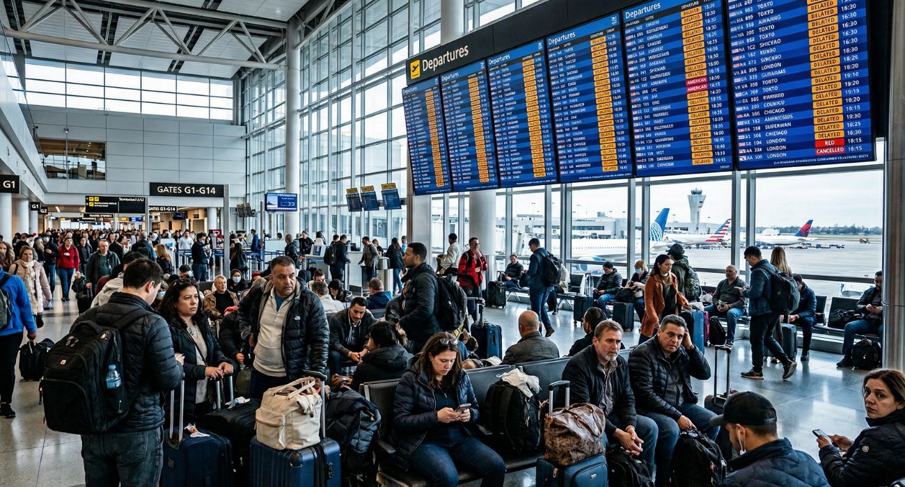 San Francisco International Airport departure board showing multiple flight delays and cancellations