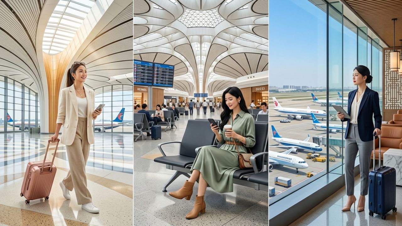A majestic modern terminal building at Beijing Daxing Airport under clear daytime skies