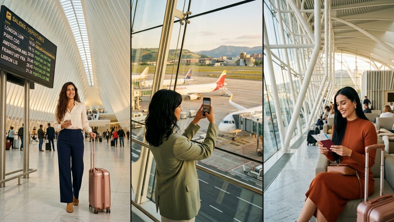 A majestic modern terminal building at Bilbao Airport under clear daytime skies