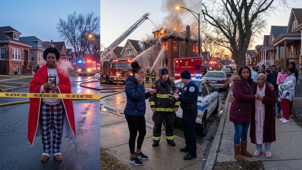 Fire engines and first responders at the scene of a residential fire emergency in Chicago