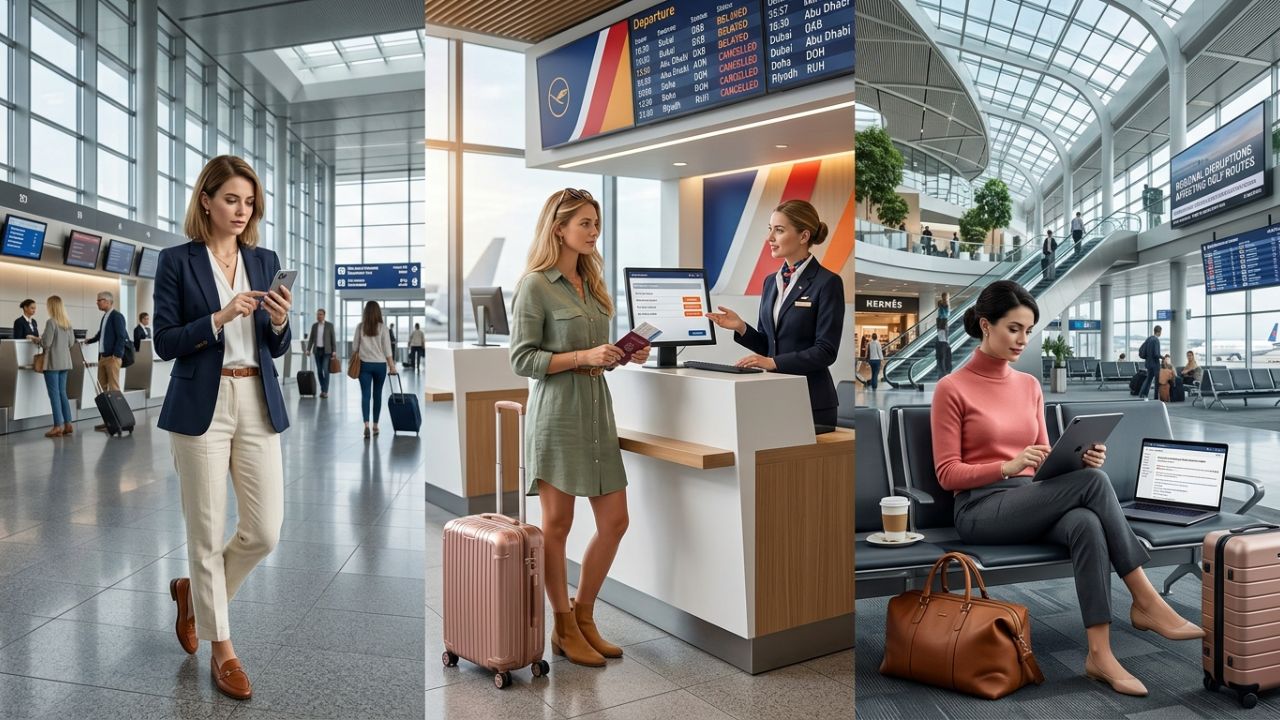 A busy European airport terminal check-in area with flight information boards displaying summer cancellations