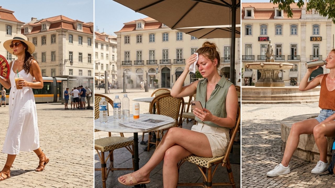Exhausted tourists seeking shade under umbrellas in a historic European plaza as a massive early-season heatwave creates severe travel disruptions across the continent