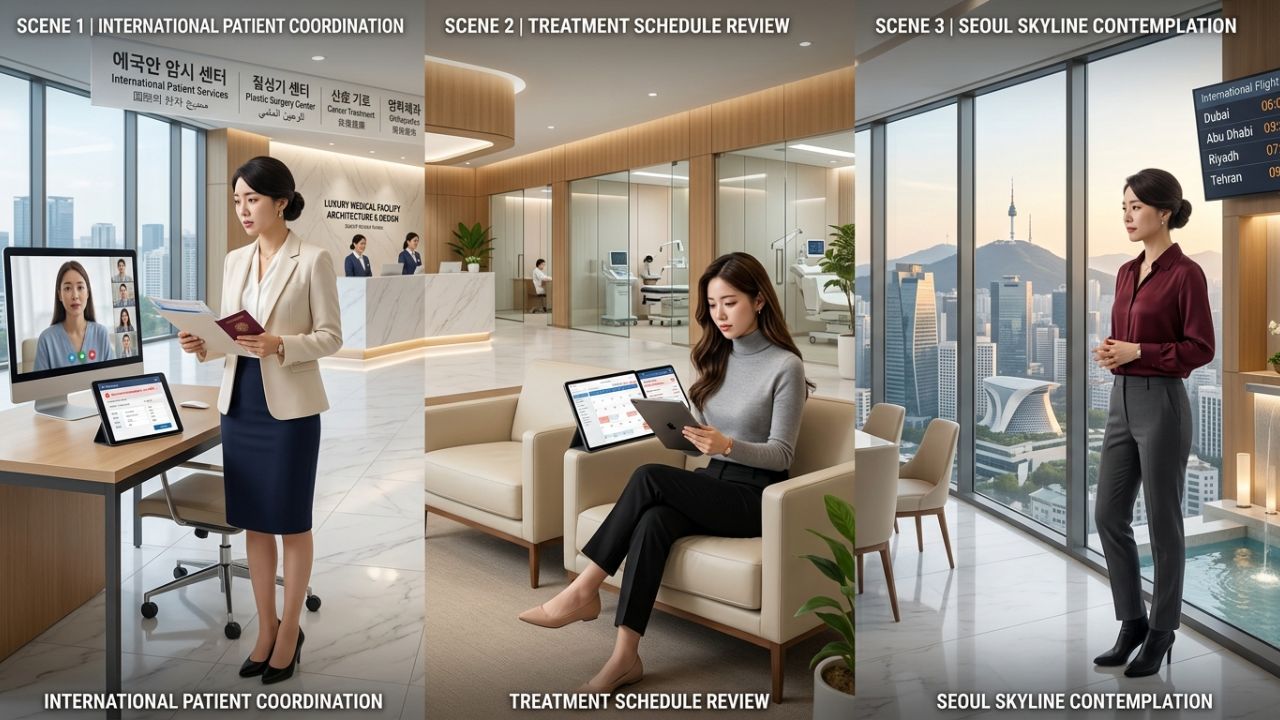A modern international hospital lobby with empty waiting areas representing global medical tourism drops