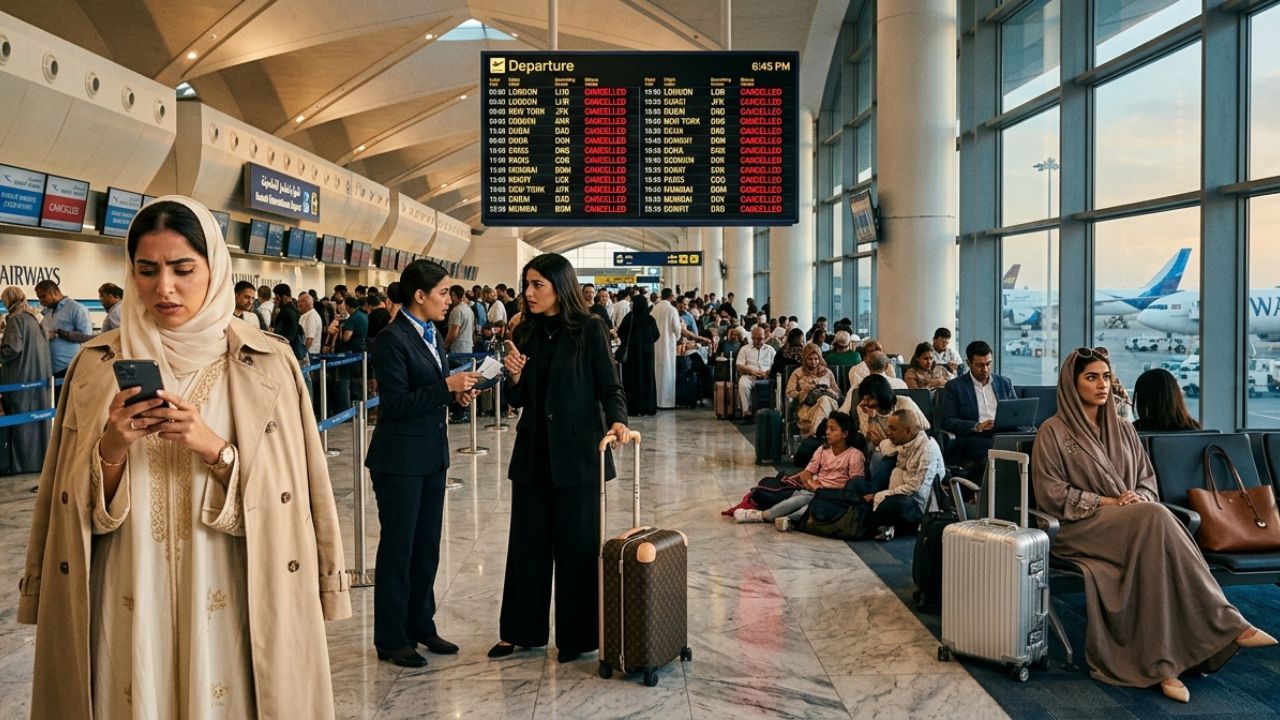 A highly congested Kuwait International Airport terminal displaying multiple cancelled flights on departure screens amidst severe travel chaos