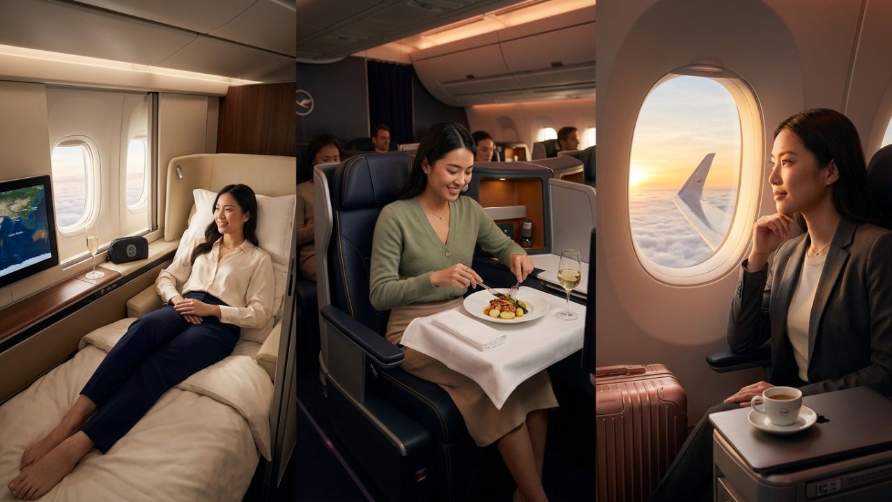 A luxurious first-class passenger suite inside a modern commercial aircraft featuring ambient lighting and personal space