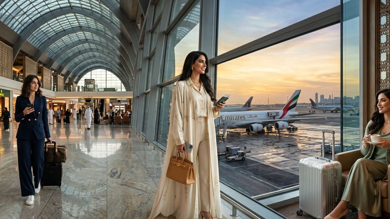 A busy Middle Eastern international airport terminal at night, displaying massive flight cancellation boards as regional military tensions force immediate airspace closures