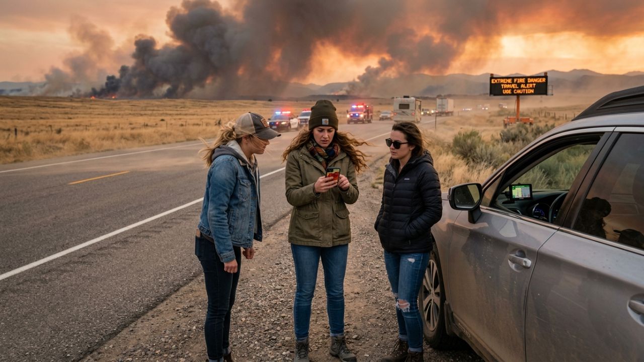 A dry highway passing through open grasslands under a hazy, smoke-filled sky during a red flag fire emergency