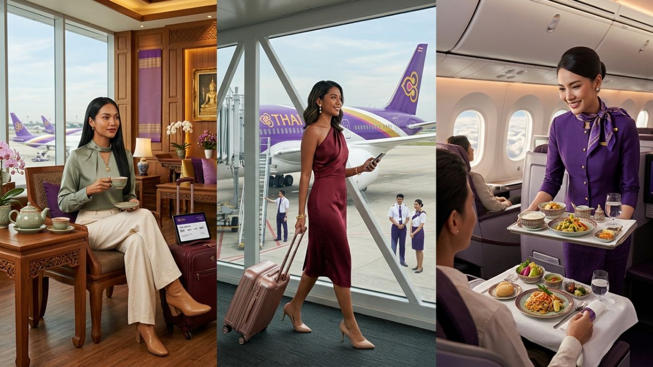 A Thai Airways commercial passenger airliner parked at a gate terminal at Bangkok Suvarnabhumi Airport
