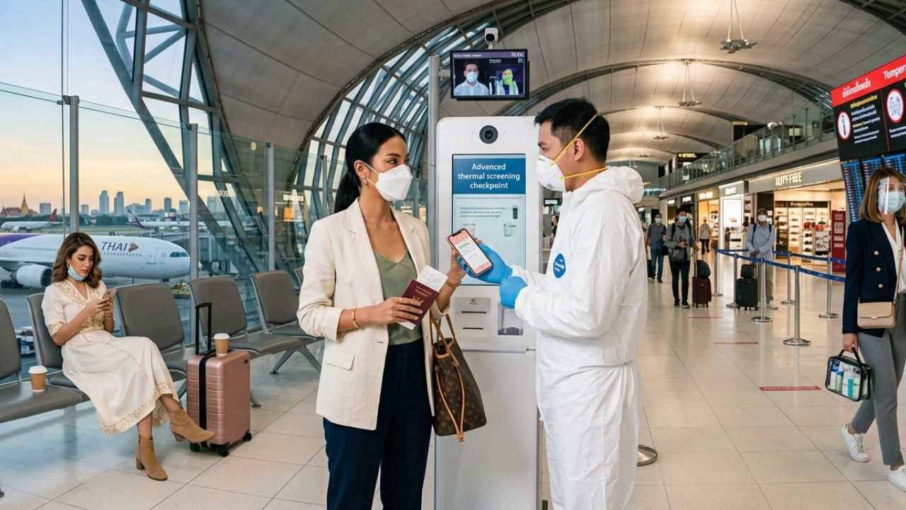 Medical health officials conducting rigorous screening at Thailand's Suvarnabhumi Airport as authorities enforce a strict 21-day Ebola quarantine for African arrivals
