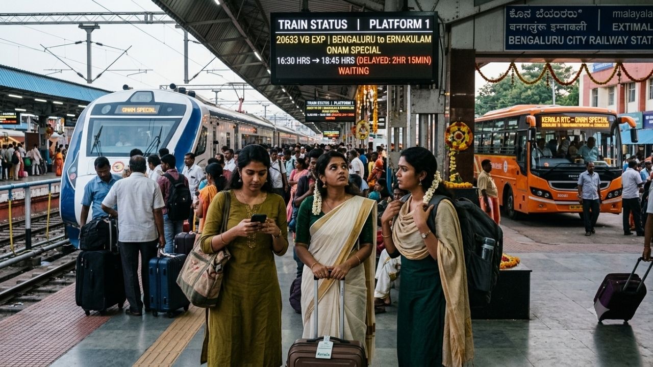 High-speed Vande Bharat train delayed at a railway platform alongside long passenger queues.