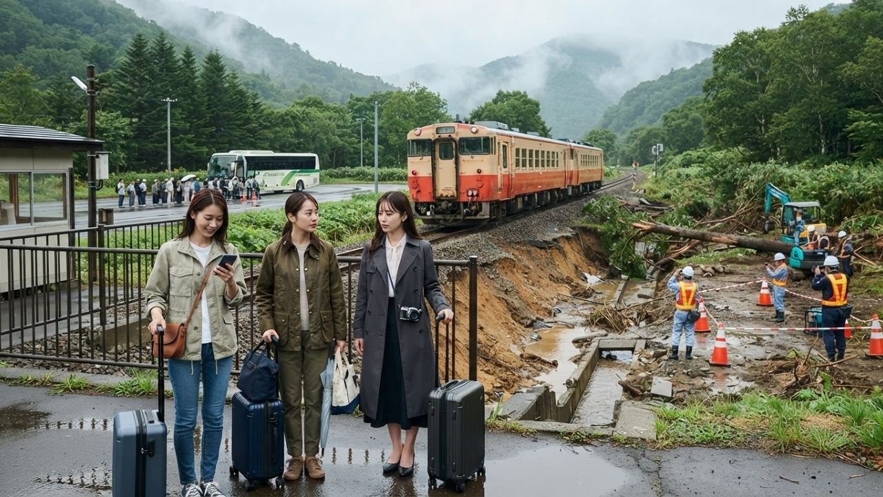 JR Hokkaido train tracks covered in landslide mud and fallen debris near a tunnel entrance.