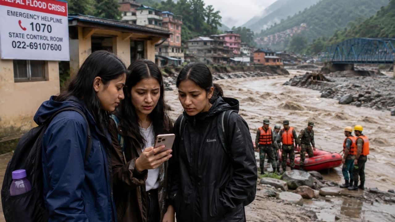 Emergency mountain rescue team operating along flooded roads in Nepal.