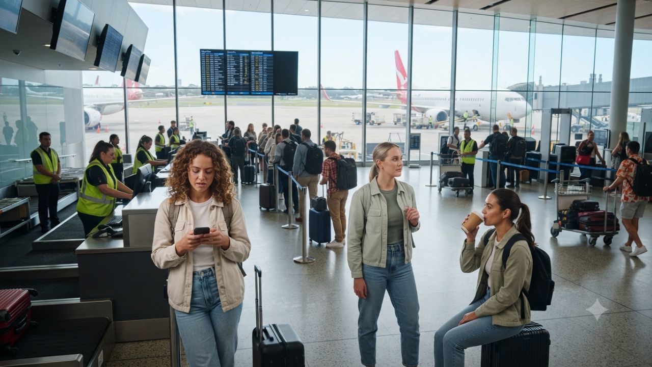 Passengers waiting in crowded departures terminal at Sydney Airport during aviation ground staff strike