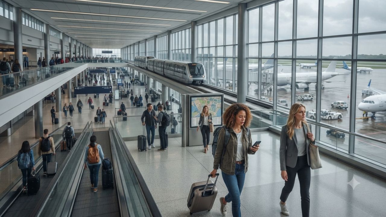 Passengers in crowded terminal at Newark Liberty International Airport during connection layover