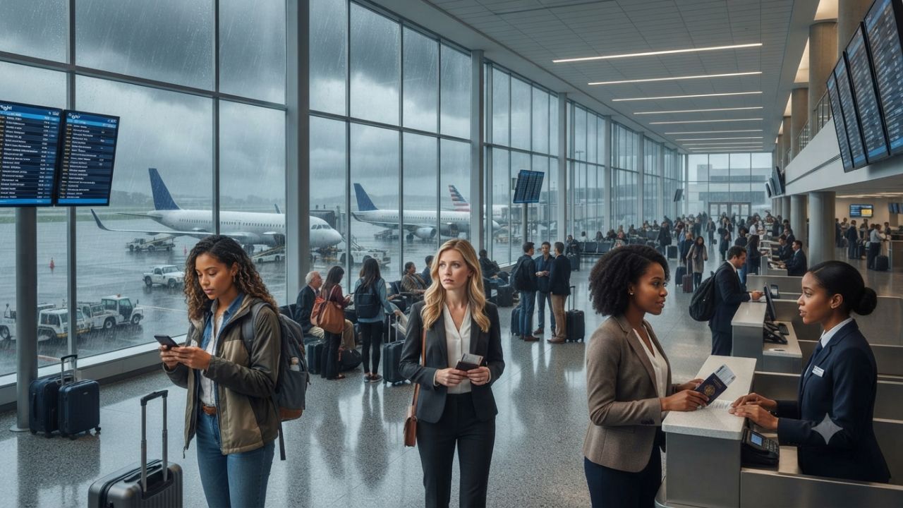 Passenger aircraft lined up on stormy tarmac during Boston Logan Nor'easter disruption