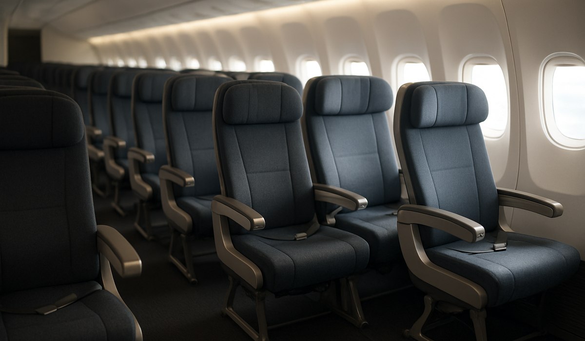 Airplane cabin showing economy seating configuration in 2026