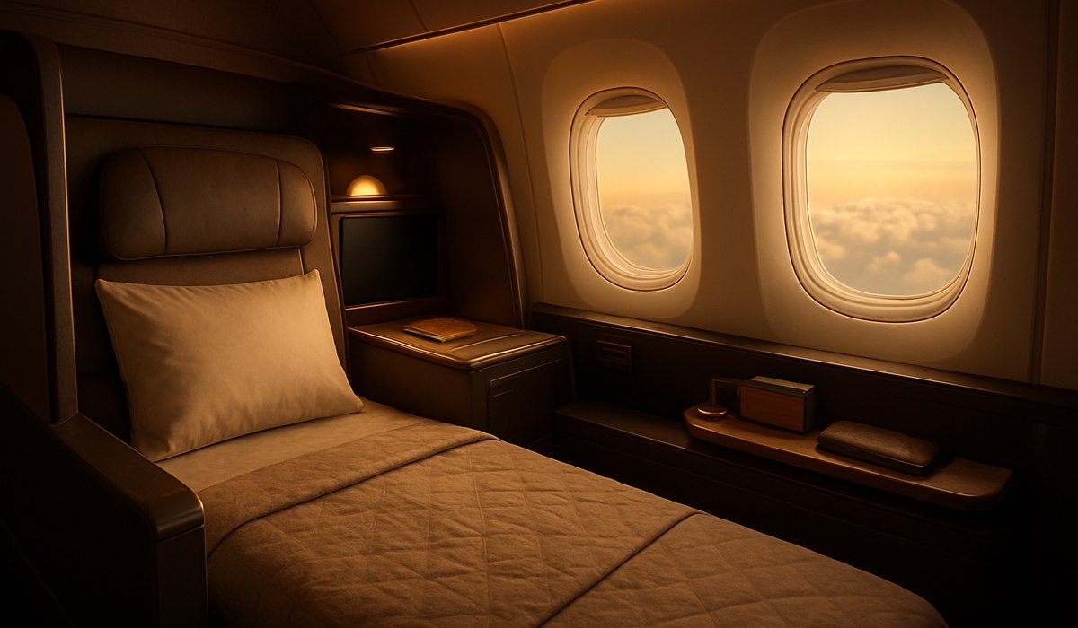 Emirates Airbus A380 business class cabin with lie-flat seats, 2026