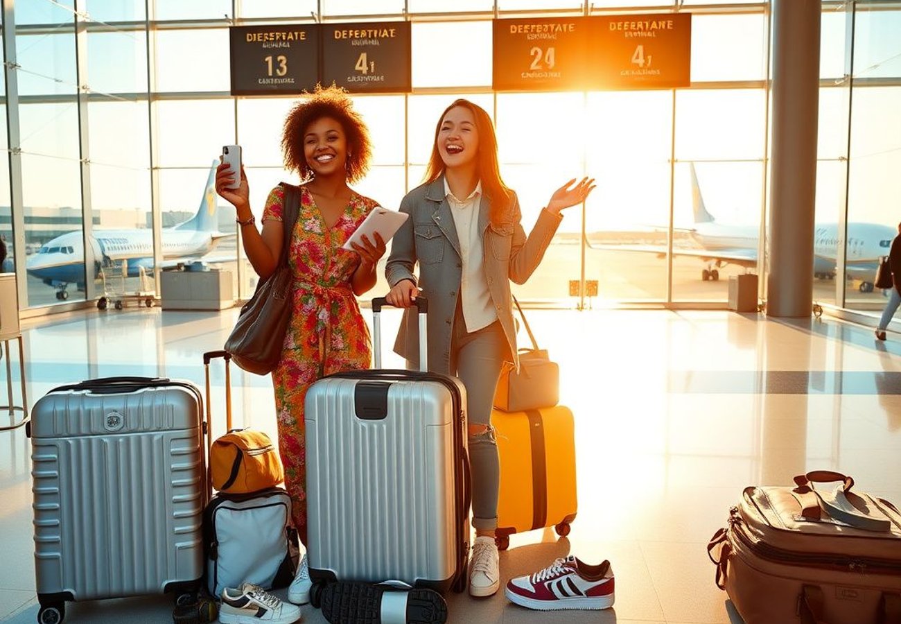 Flat lay of travel essentials including Samsonite hardside luggage, white sneakers, and anti-theft messenger bag on neutral background