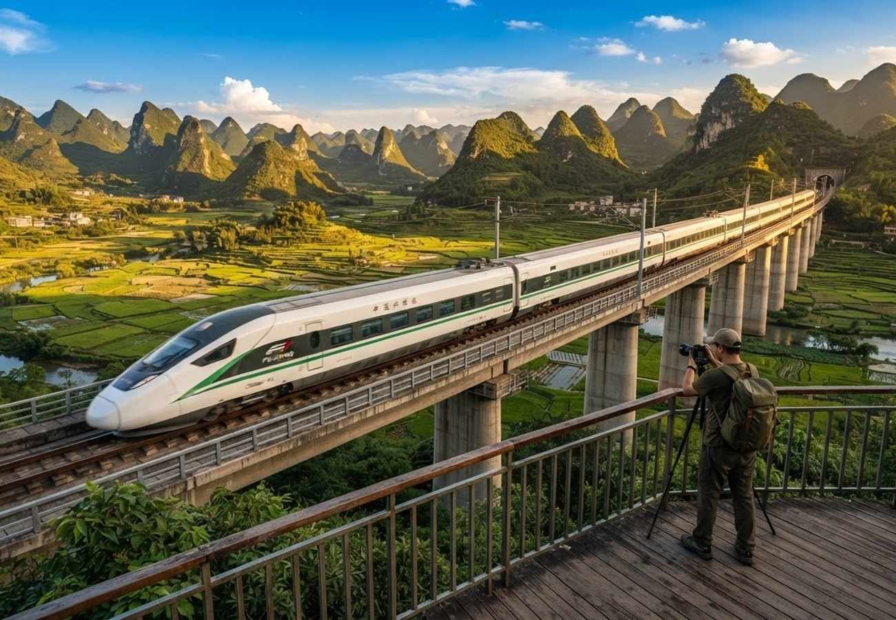 High-speed tourist train in China with scenic landscape