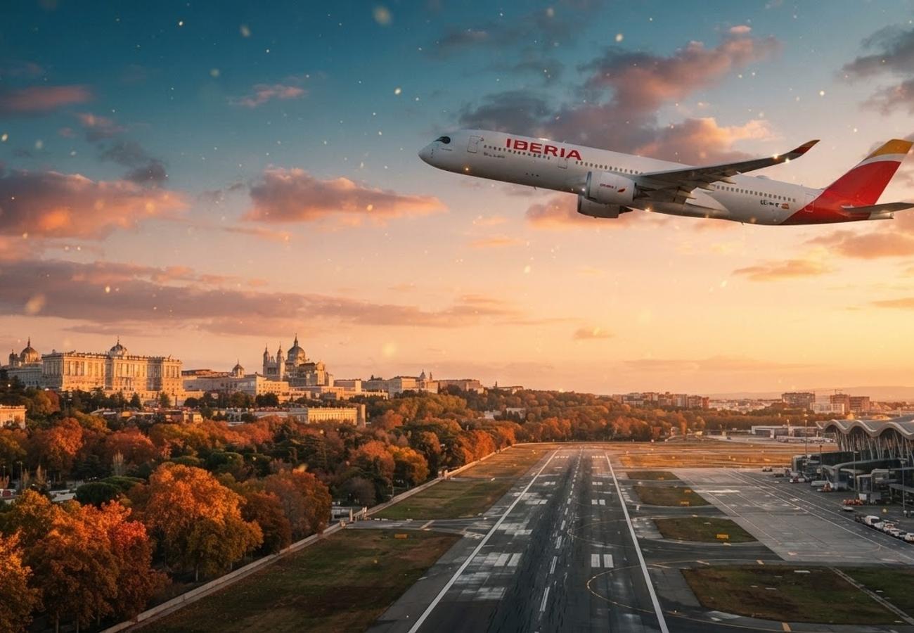 Commercial aircraft flying over Madrid city skyline