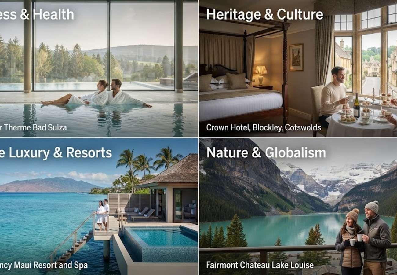 Luxury travel destinations including tropical resorts and European city hotels