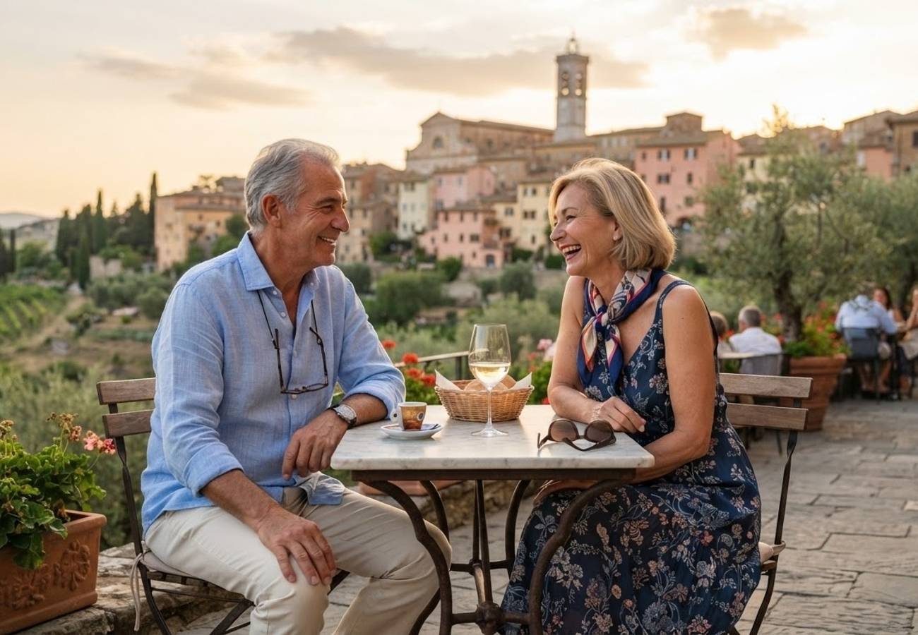 Senior couple exploring a historic European city street with a private driver