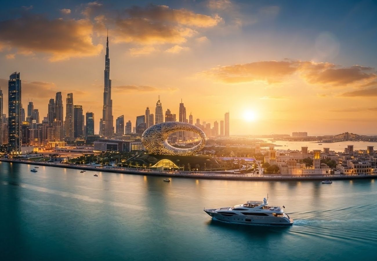Aerial view of UAE tourism infrastructure and BRICS partner flags