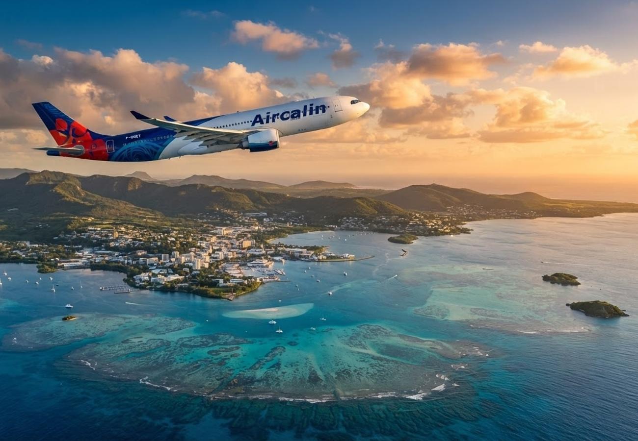 Aircalin aircraft flying over the Pacific Ocean toward New Caledonia