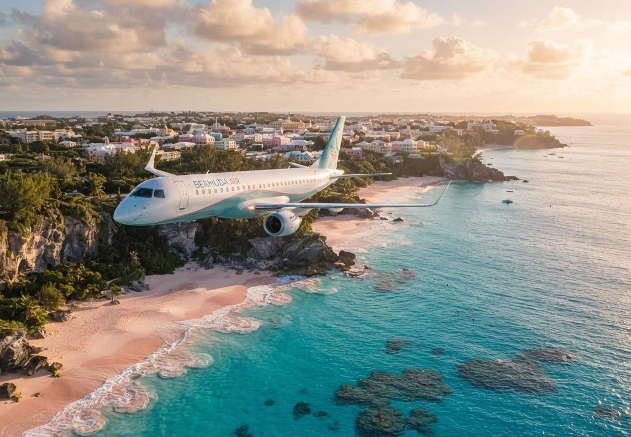 BermudAir aircraft flying over the turquoise waters of Bermuda