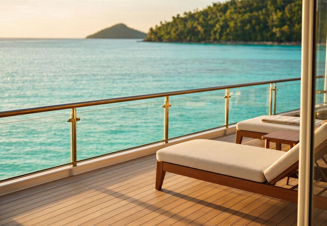 Luxury cruise ship sailing through the turquoise waters of the Fiji islands