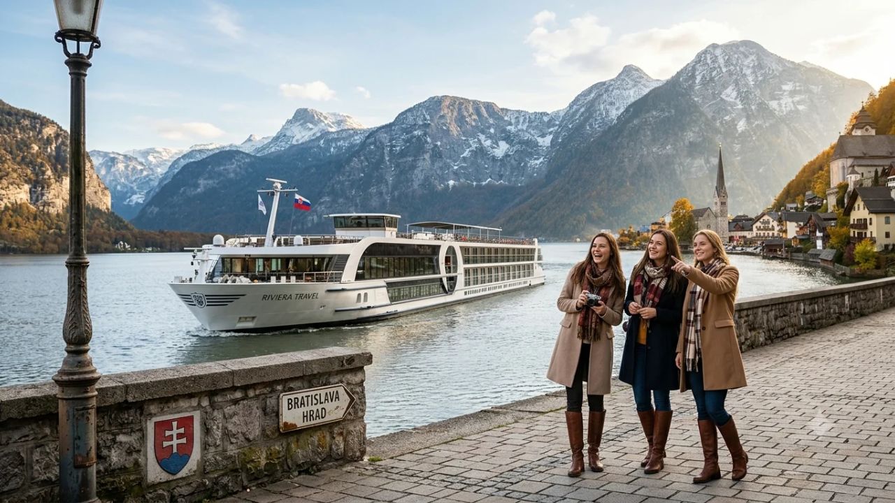 Luxury five-star river cruise ship sailing past historic European riverside castles and terraced vineyards along the Rhine