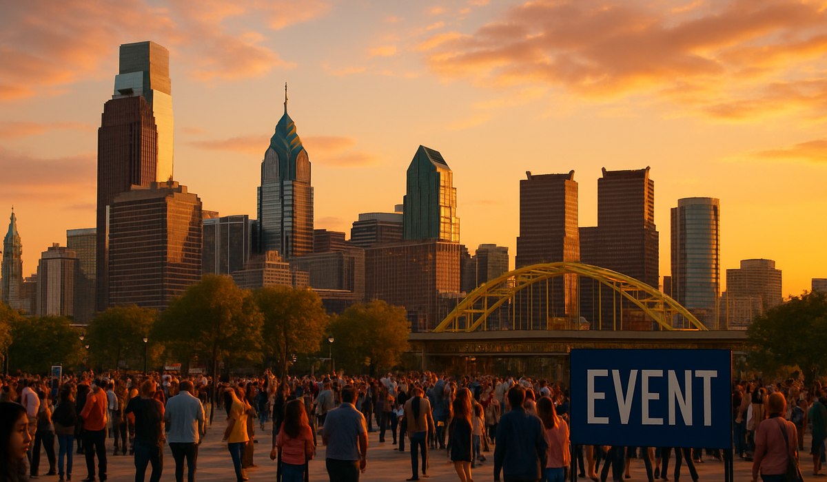 Philadelphia skyline with FIFA World Cup branding and Pennsylvania tourism infrastructure, 2026