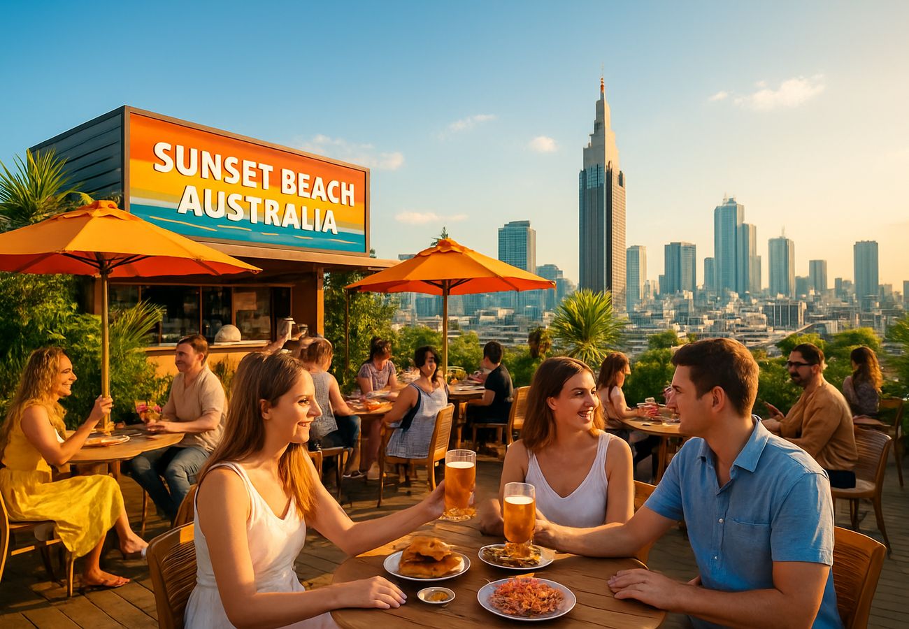 Sunset Beach Australia Beer Garden rooftop terrace at Hilton Tokyo with Shinjuku skyline views