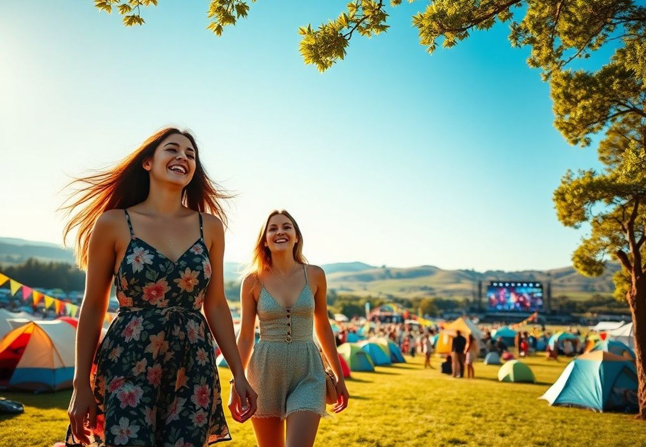 Families camping and enjoying activities at UK summer festival with stage and colorful tents