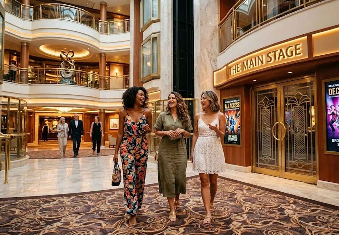Luxury cruise ship entertainment stage with performers