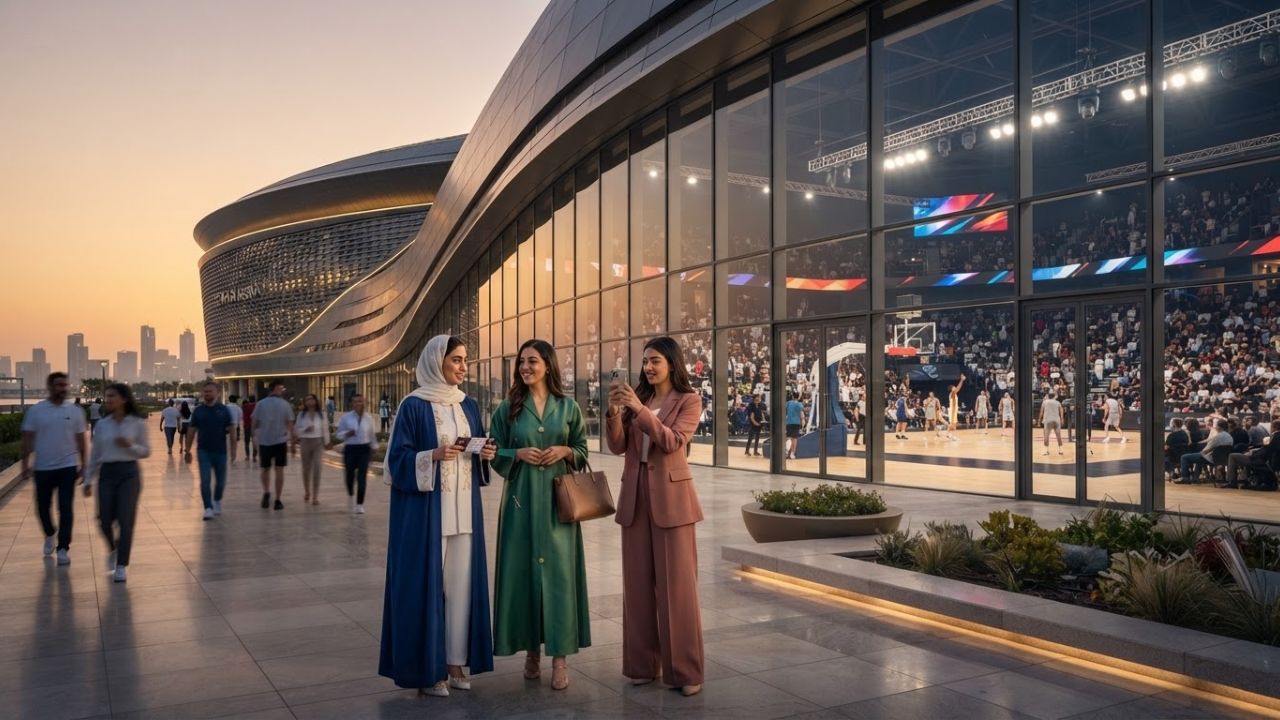 Modern interior of Etihad Arena on Yas Island Abu Dhabi prepared for international basketball
