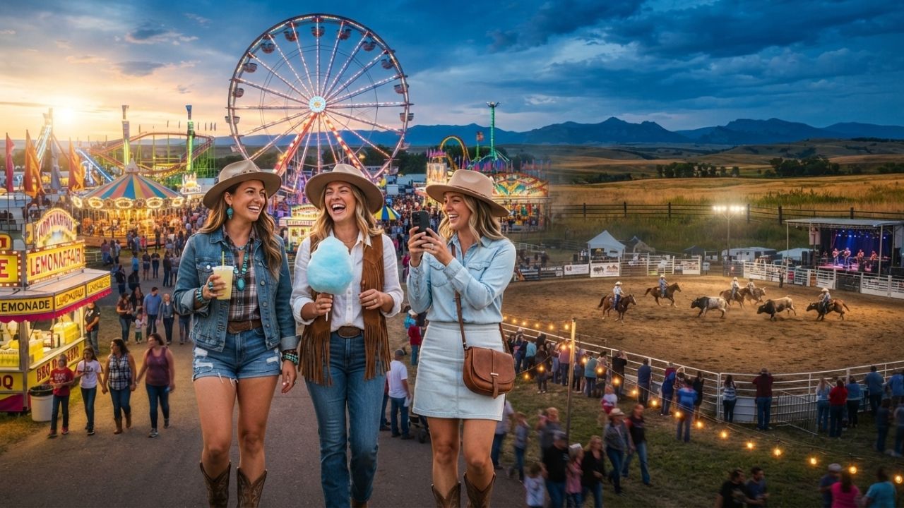 A lively state fair scene at dusk with a large illuminated Ferris wheel and carnival rides.