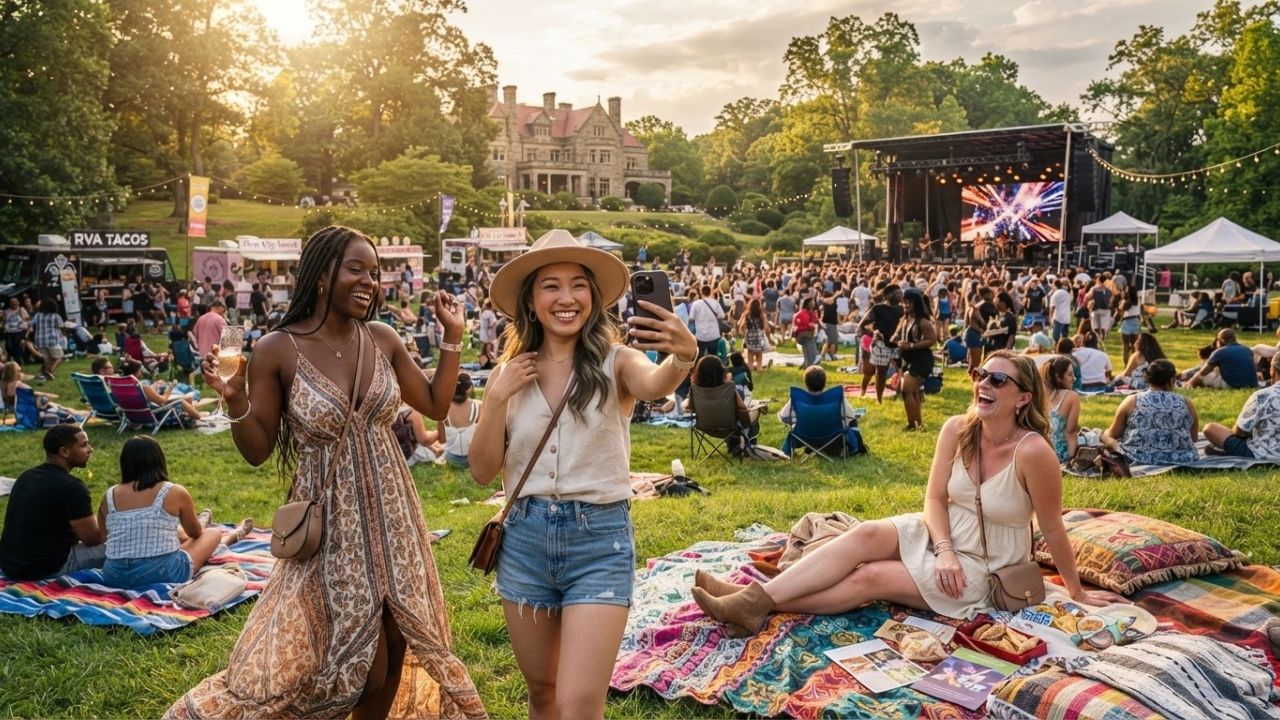 A large outdoor concert stage set up in a historic park estate with fans gathered on the lawn under bright summer skies.