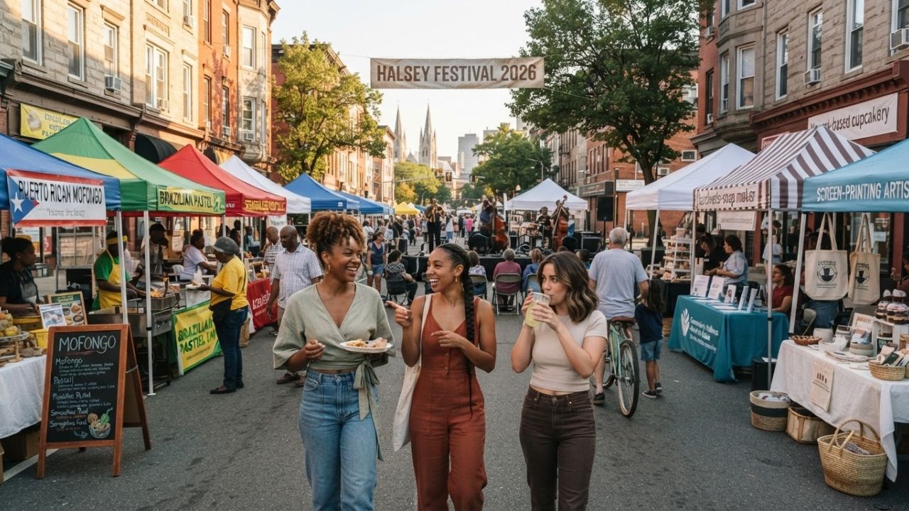 Pedestrians exploring local food stalls and artisan crafts during a downtown street festival on Halsey Street in Newark